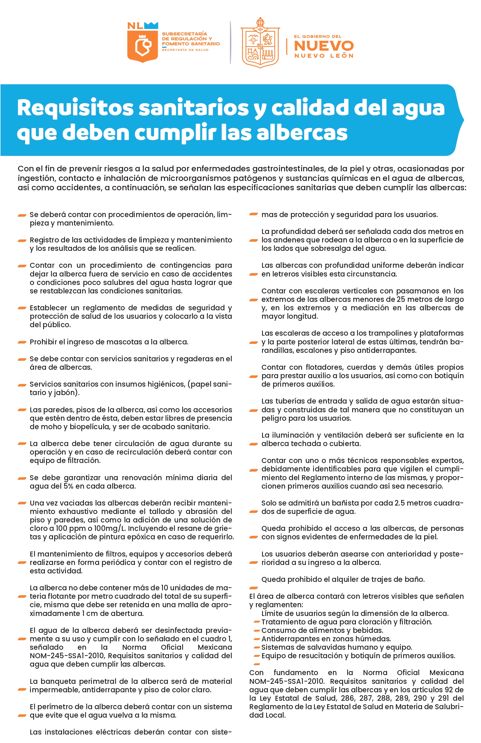 Requisitos sanitarios para Albercas