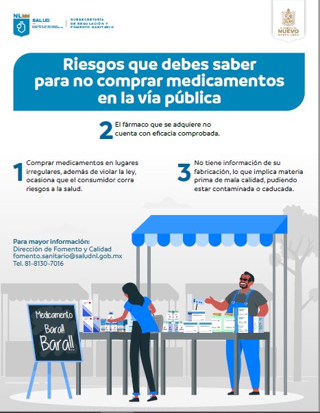 Cartel sobre riesgos que debes saber para no comprar medicamentos en la vía pública.